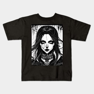 Mysterious Metalhead: Unleash Your Inner Metalhead with Our Dark and Mystical Black and White Artwork Kids T-Shirt